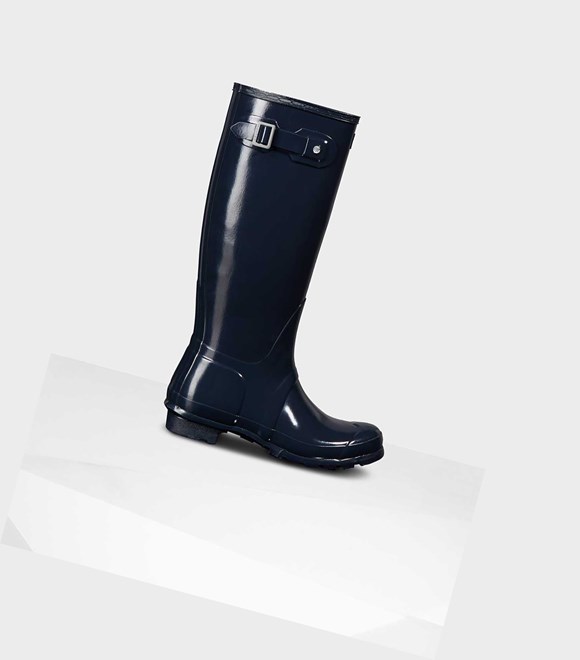 Bottes Hautes Hunter Original Gloss Wellington Femme Bleu Marine | 73149BTMO